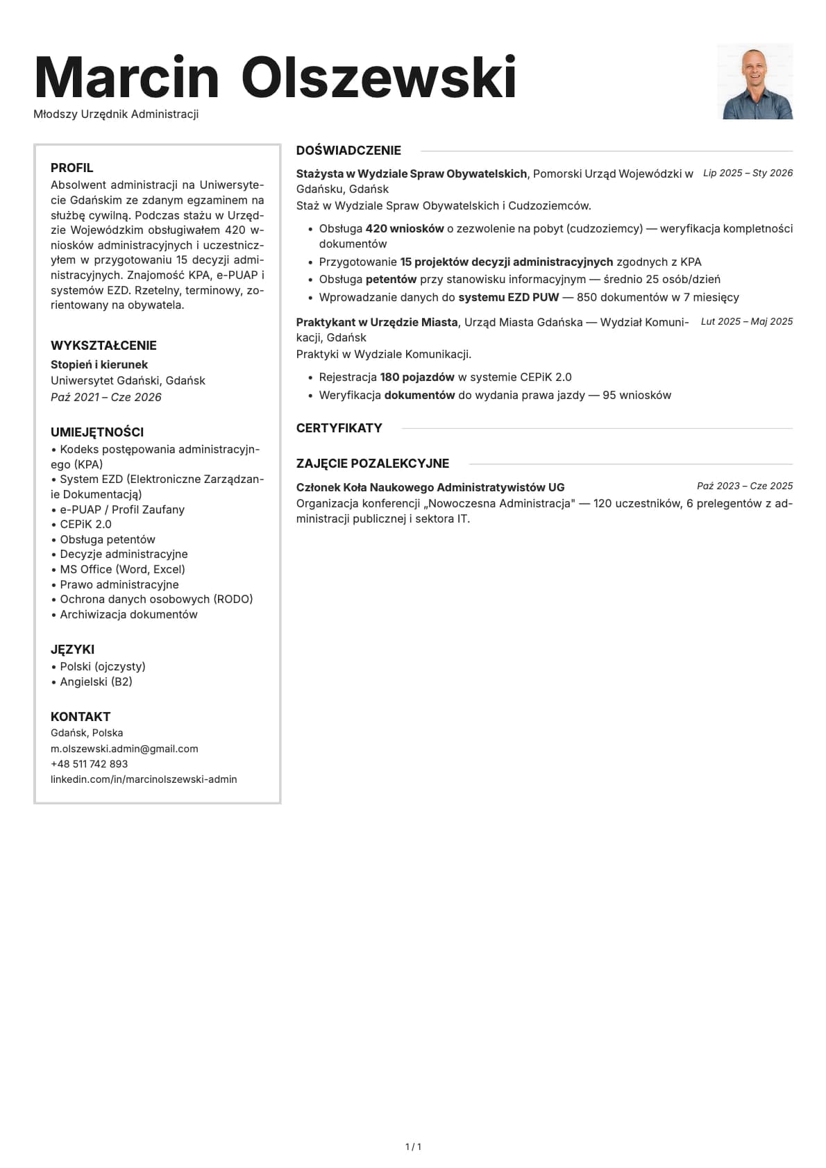 Mlodszy Urzednik Administracji resume example
