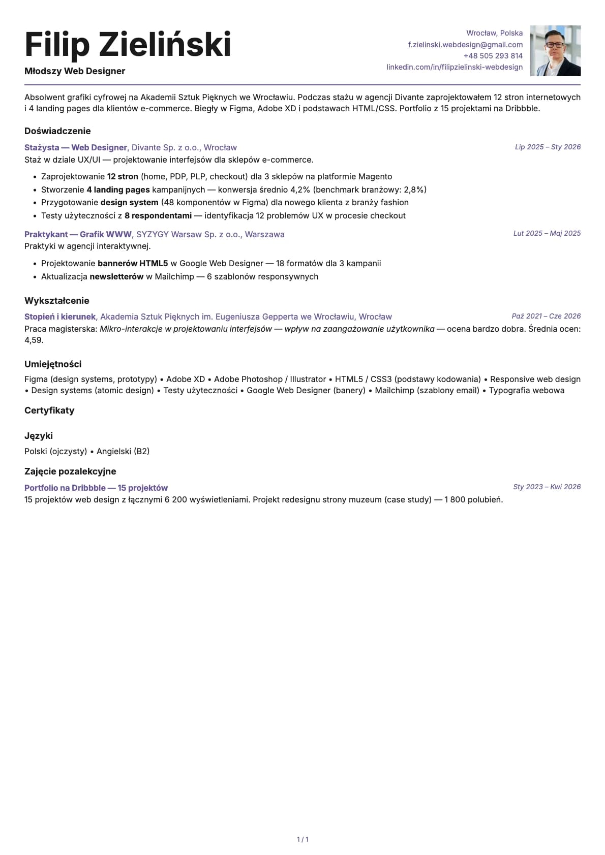 Mlodszy Web Designer resume example