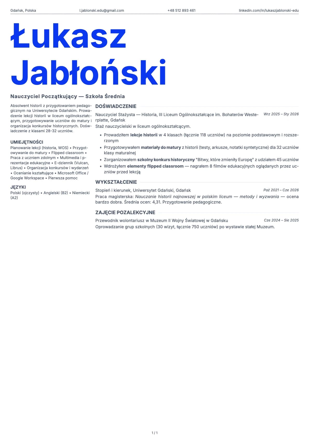 Nauczyciel Poczatkujacy Szkola Srednia resume example