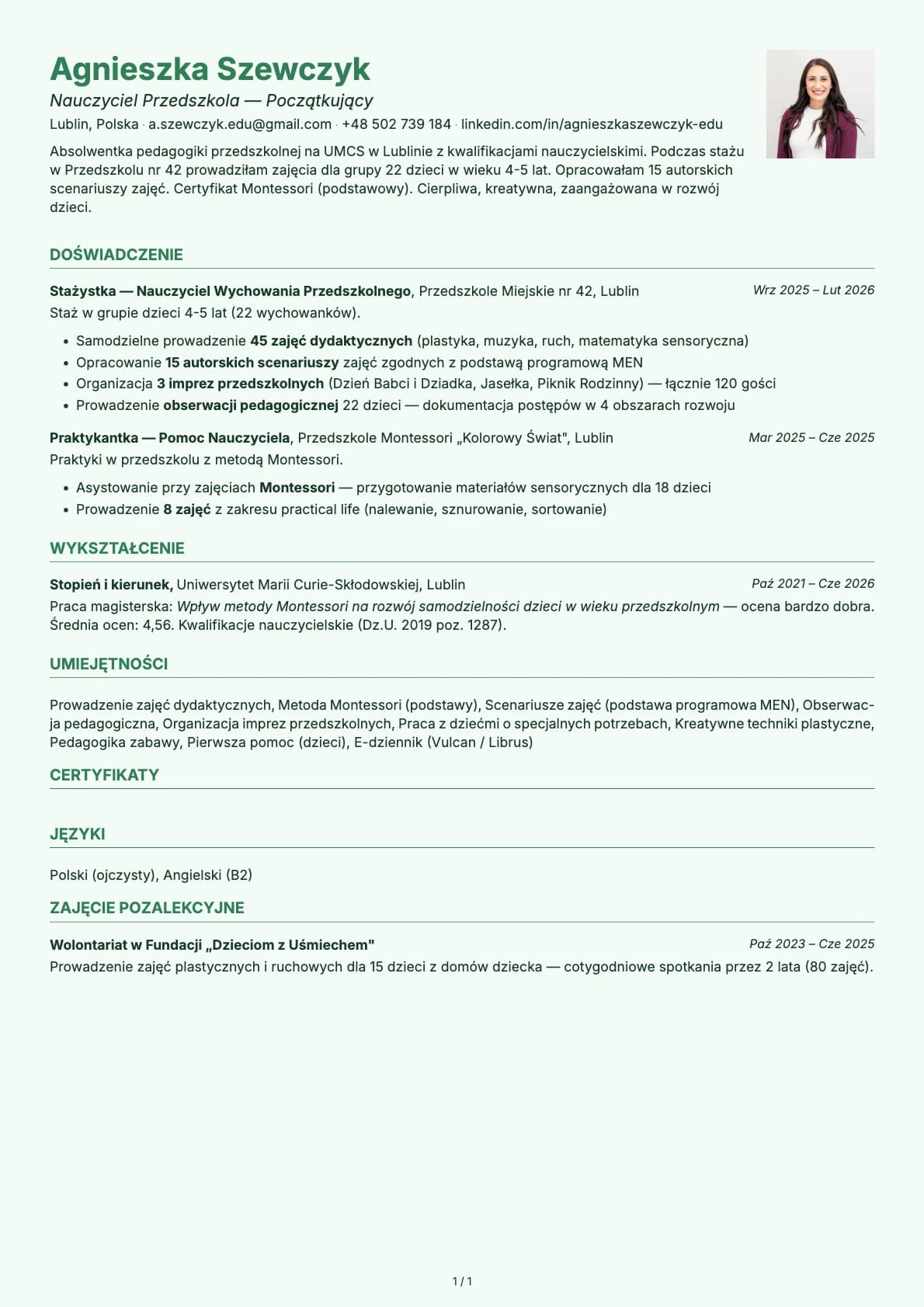 Nauczyciel Przedszkola Poczatkujacy resume example