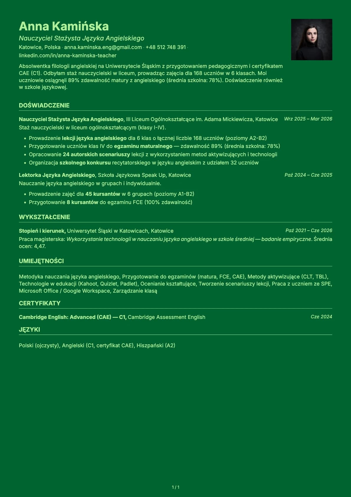 Nauczyciel Stazysta Jezyka Angielskiego resume example