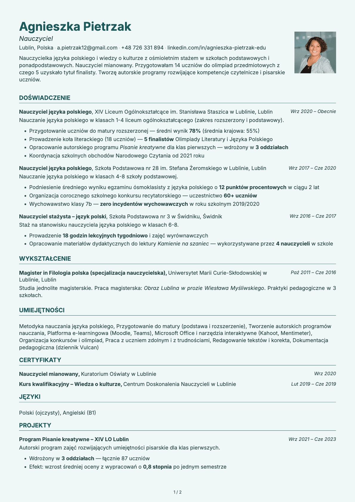 Nauczyciel resume example