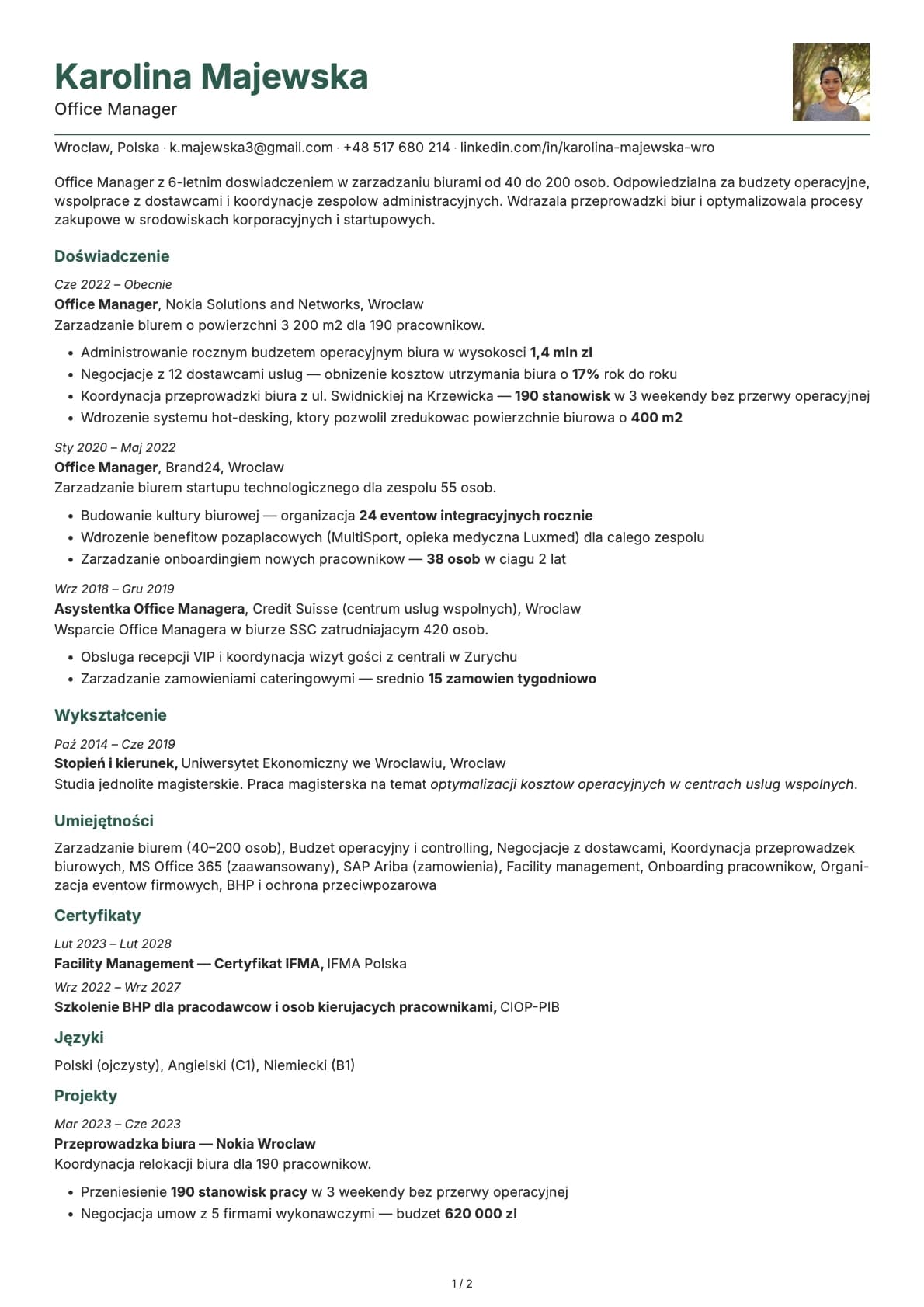 Kierownik biura resume example