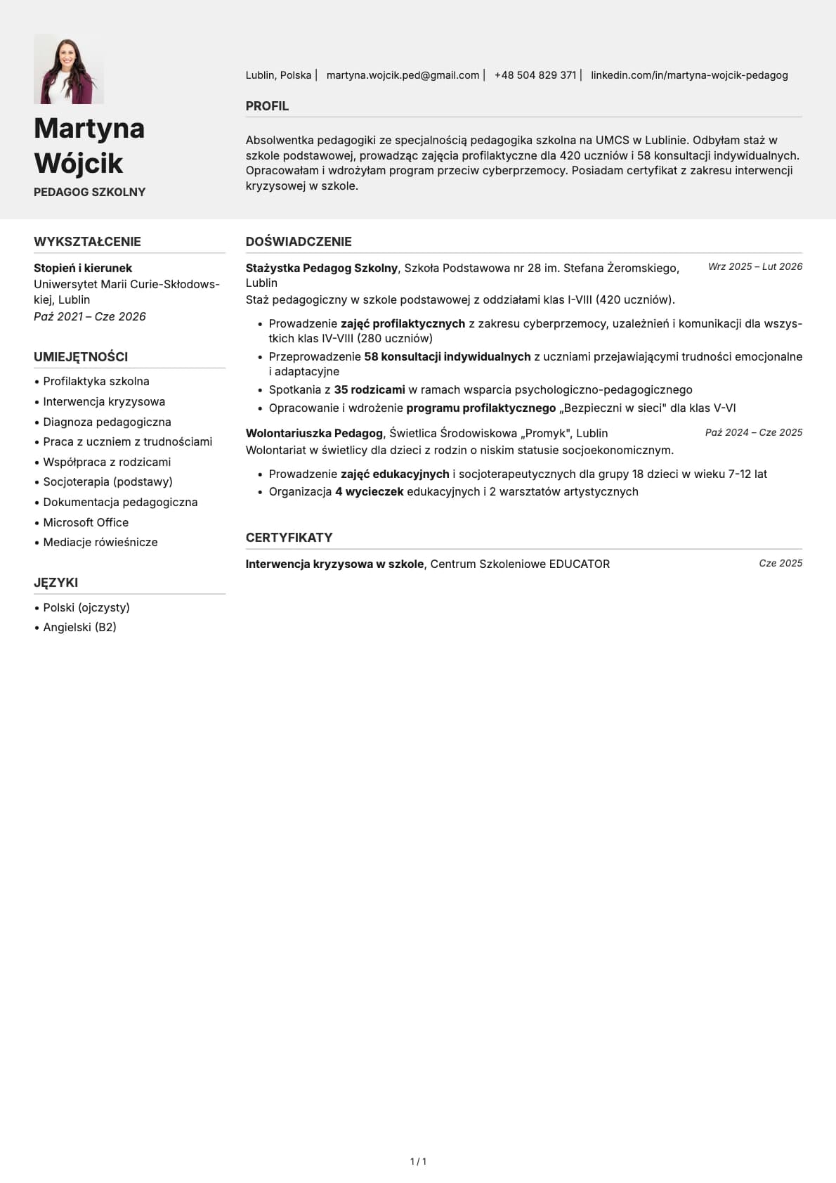 Pedagog Szkolny Absolwent resume example