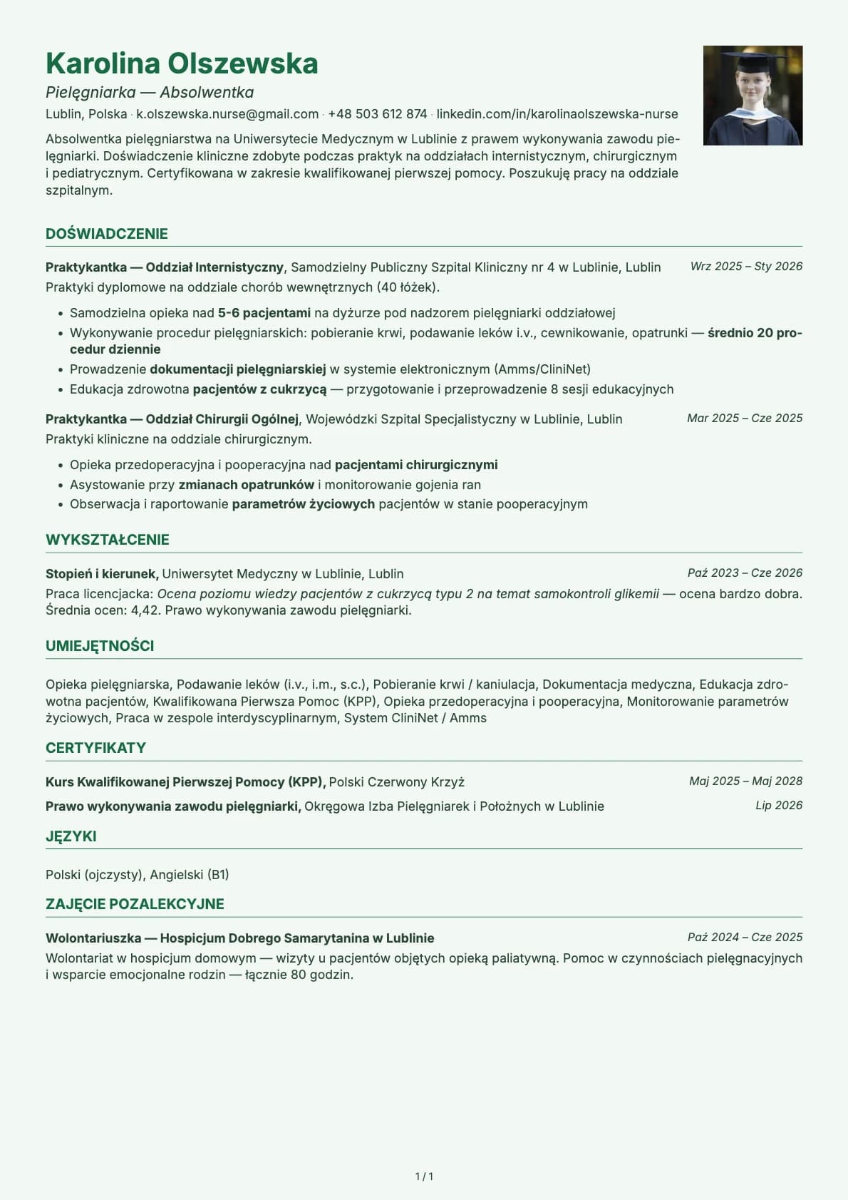 Pielegniarka Absolwentka resume example