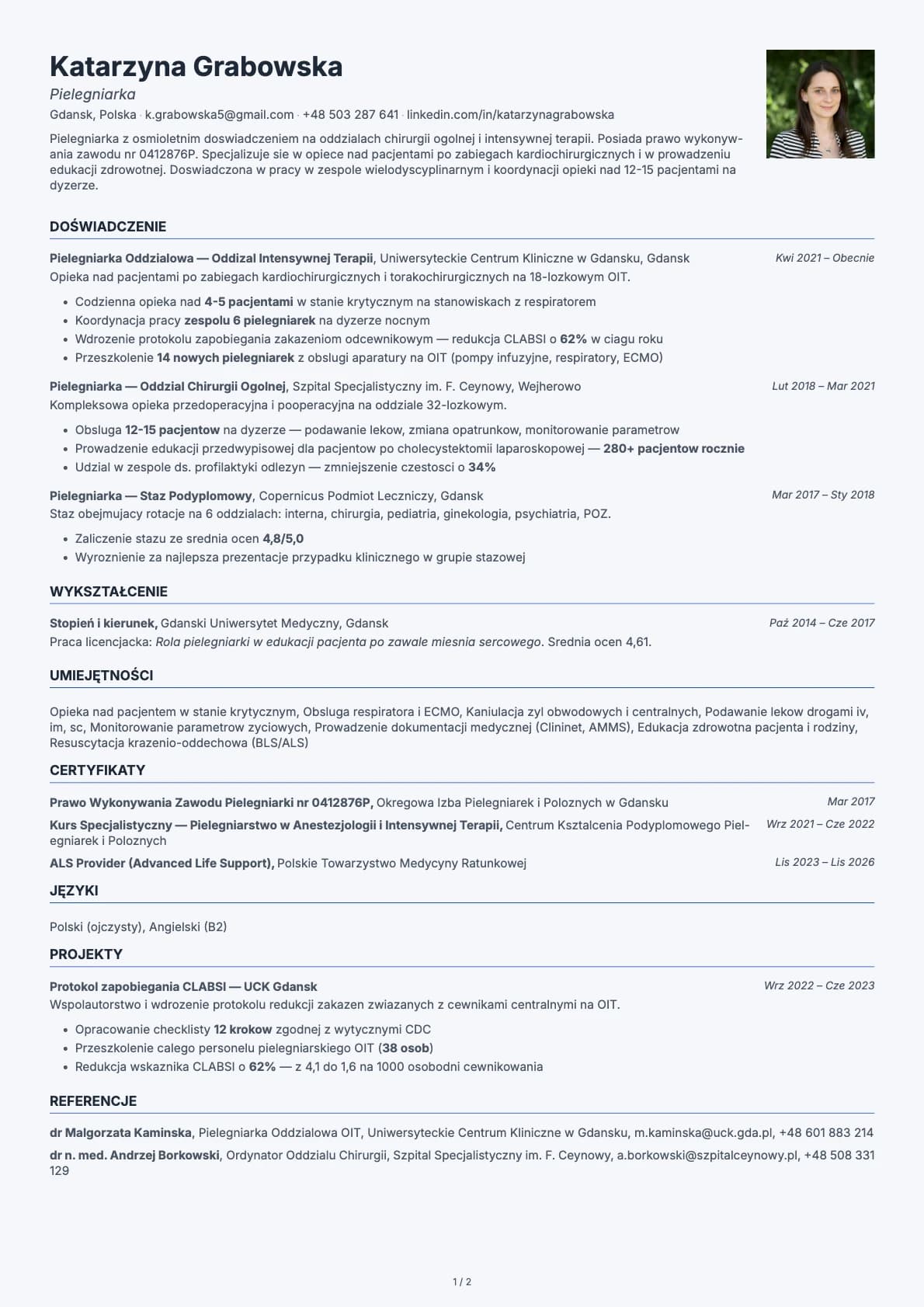 Pielęgniarka resume example