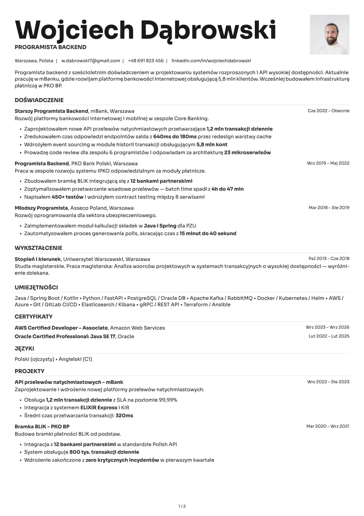 Programista Backend resume example