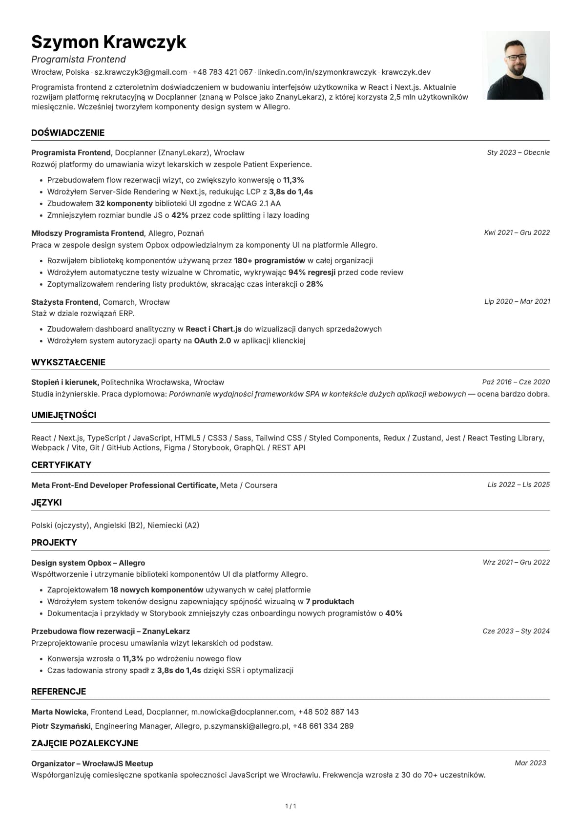 Programista Frontend resume example