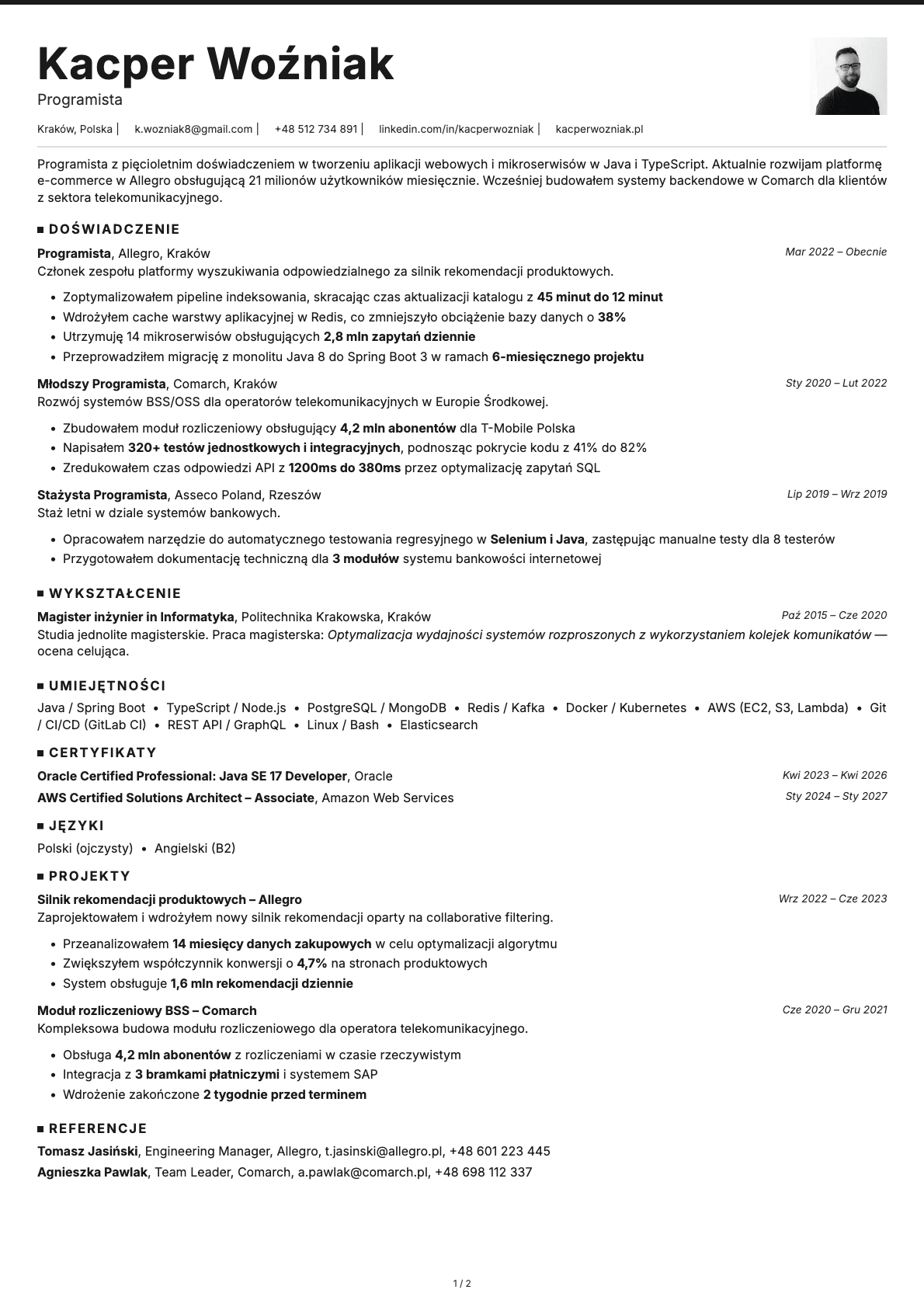 Programista resume example