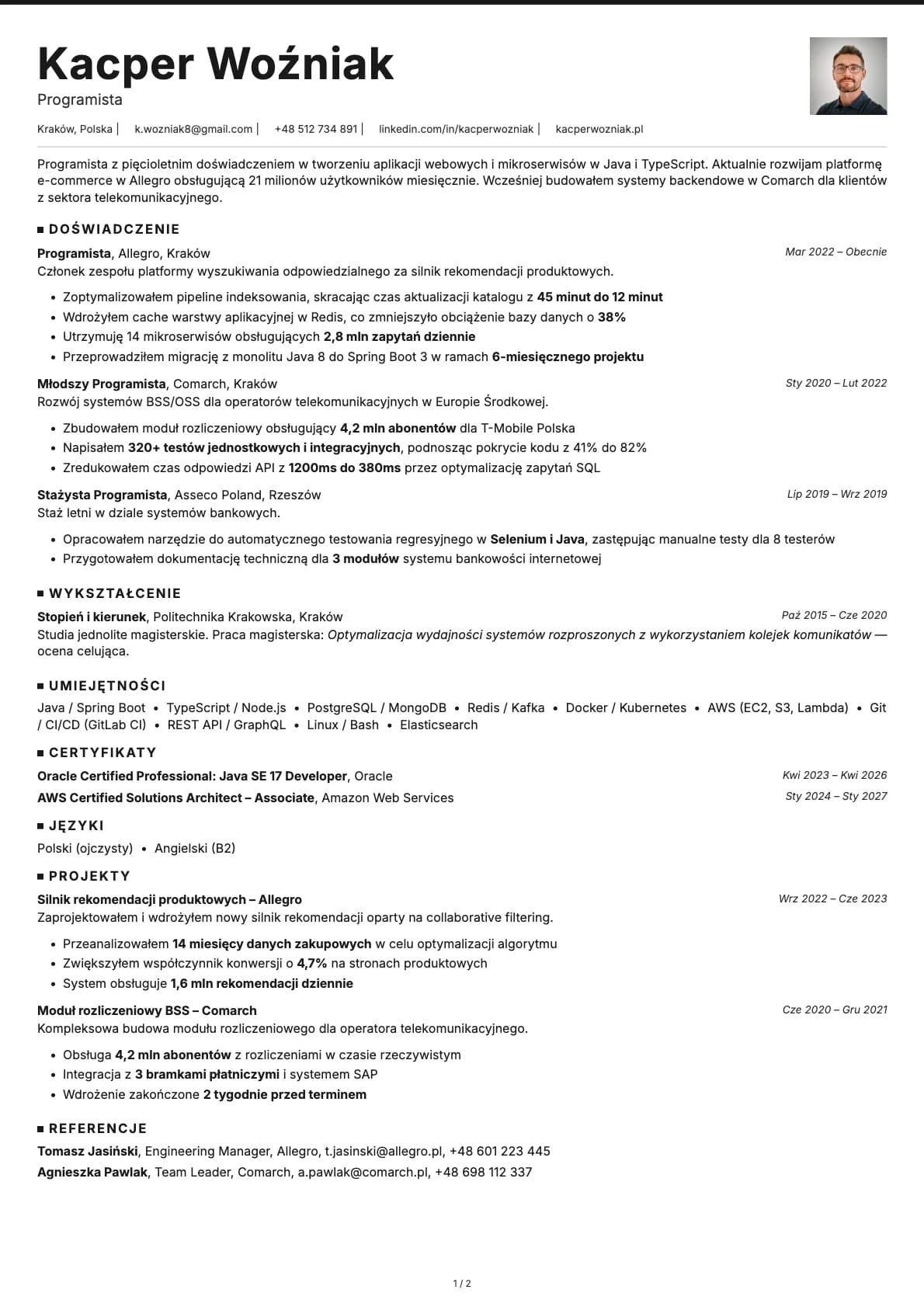 Programista resume example