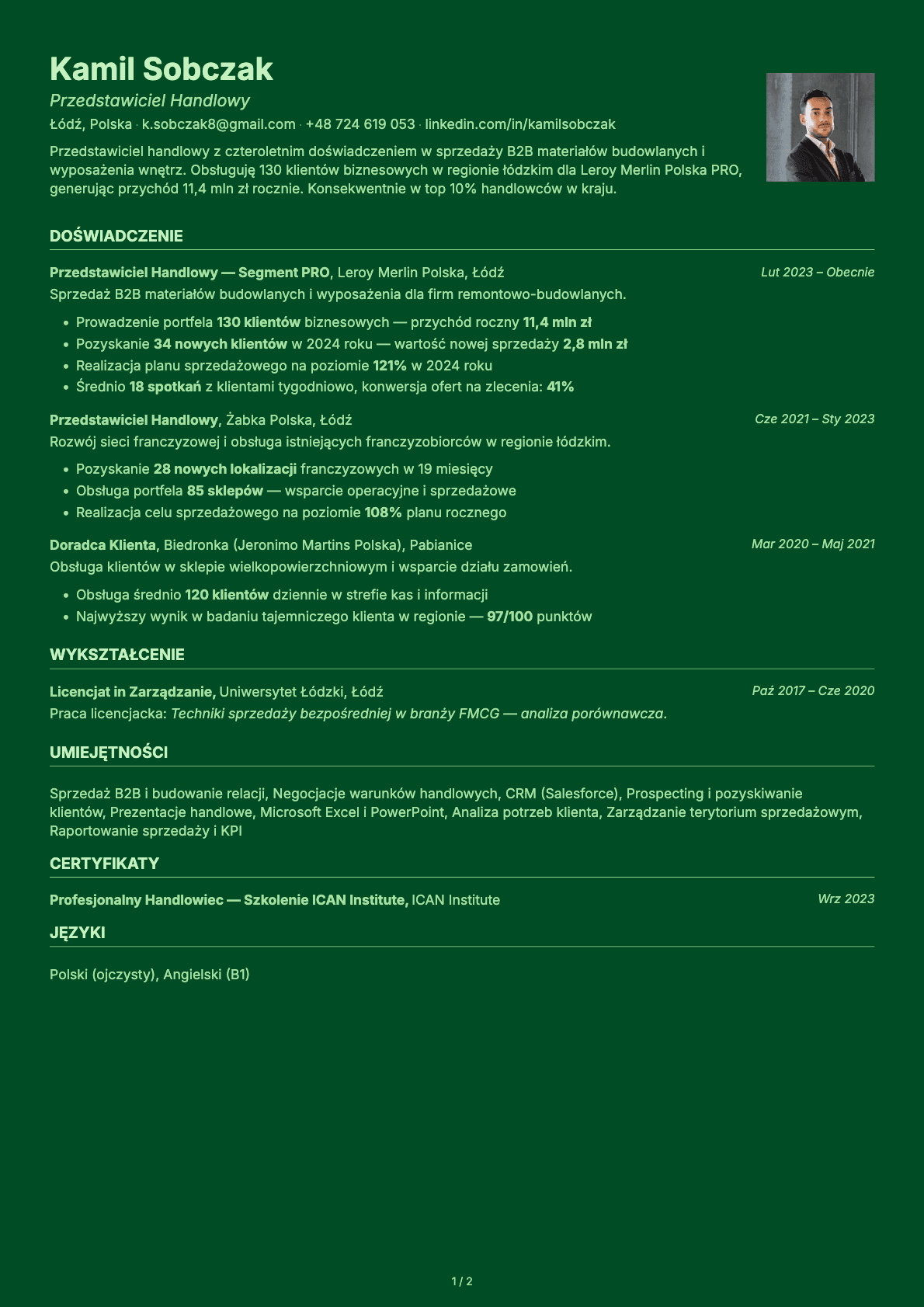 Przedstawiciel Handlowy resume example