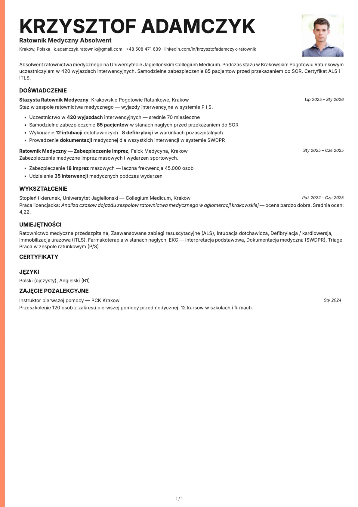 Ratownik Medyczny Absolwent resume example