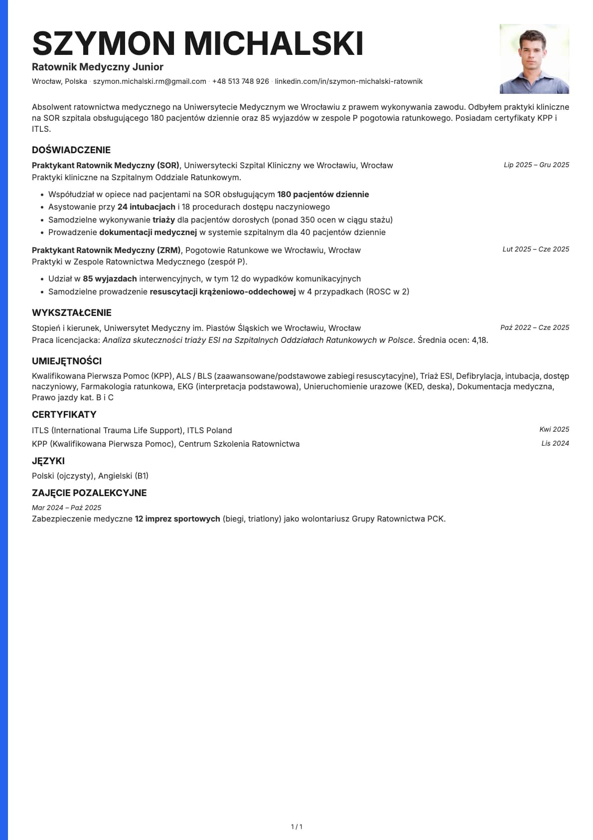 Ratownik Medyczny Junior resume example