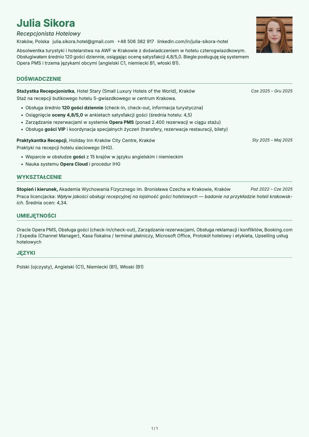 Recepcjonista Hotelowy Junior resume example