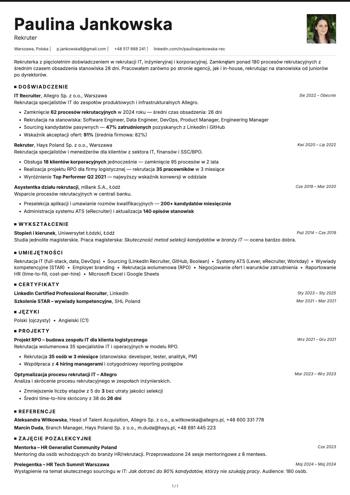 Rekruter resume example