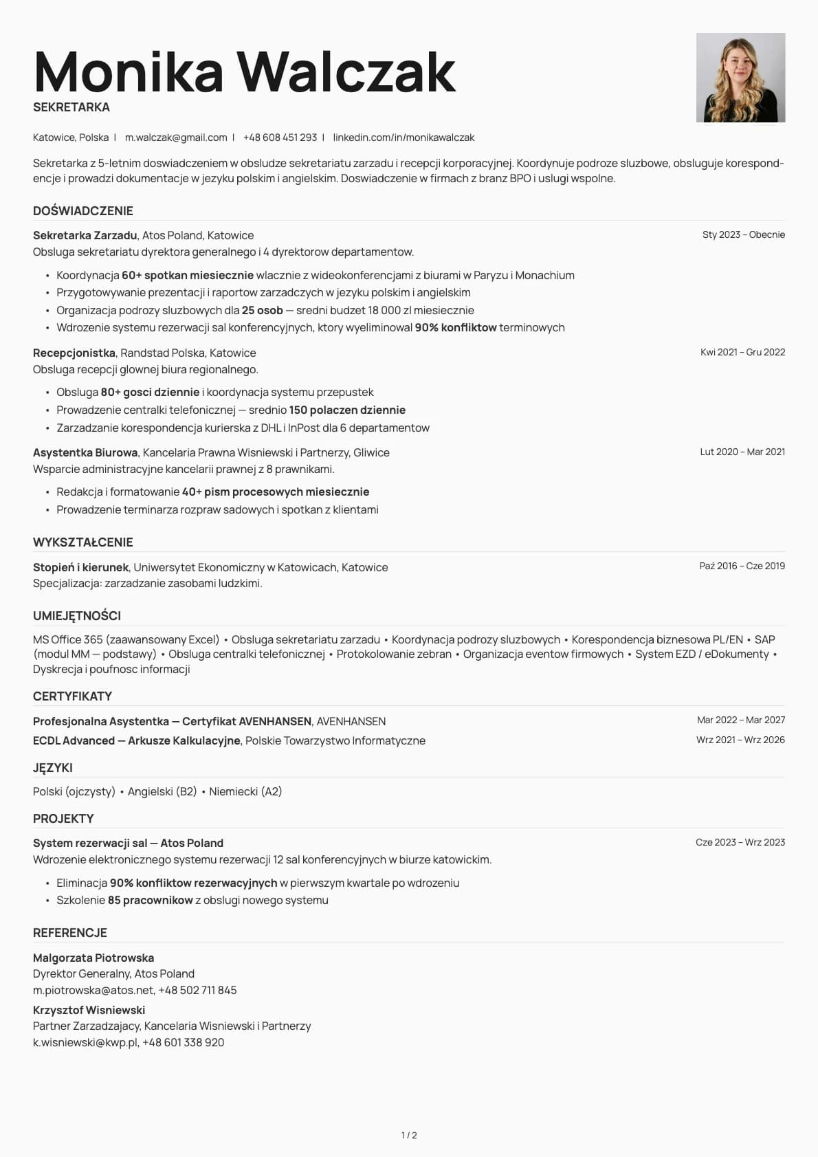 Sekretarka resume example