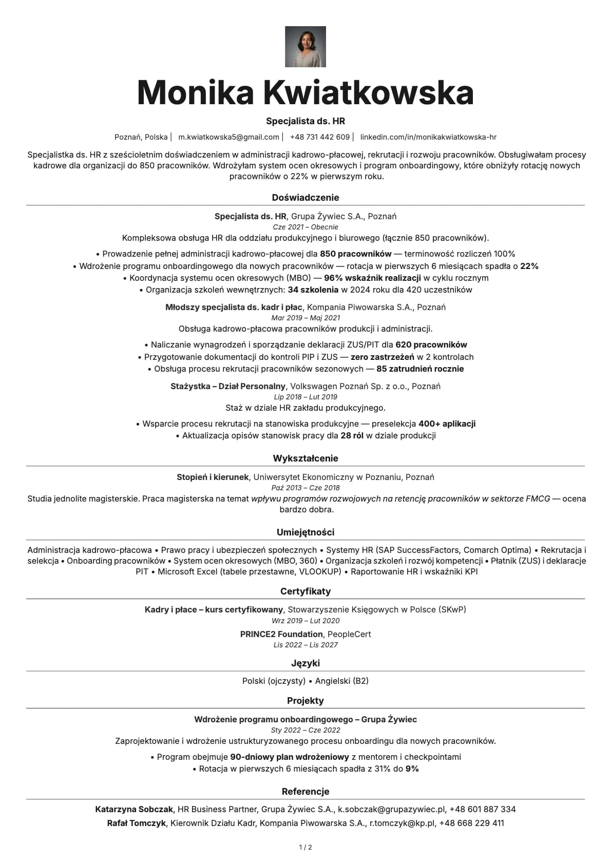 Specjalista ds. HR resume example