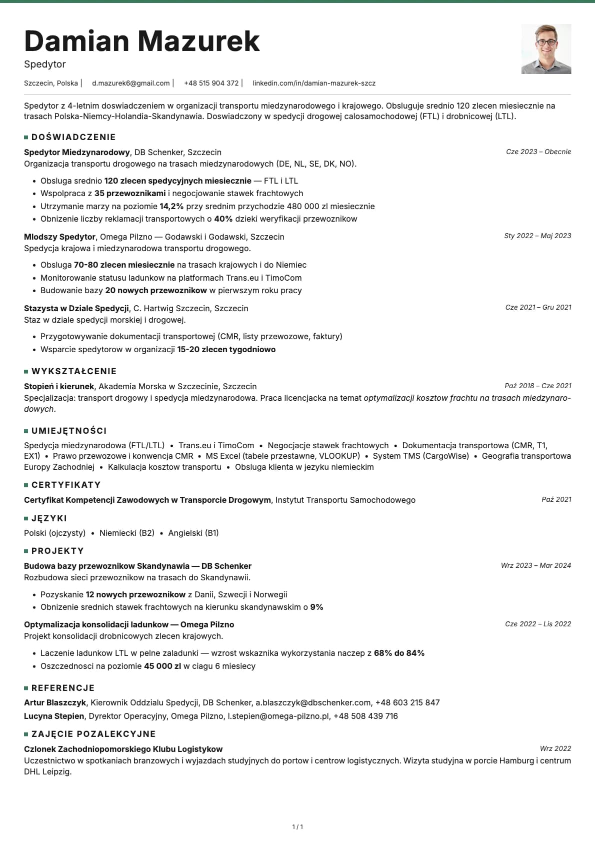 Spedytor resume example