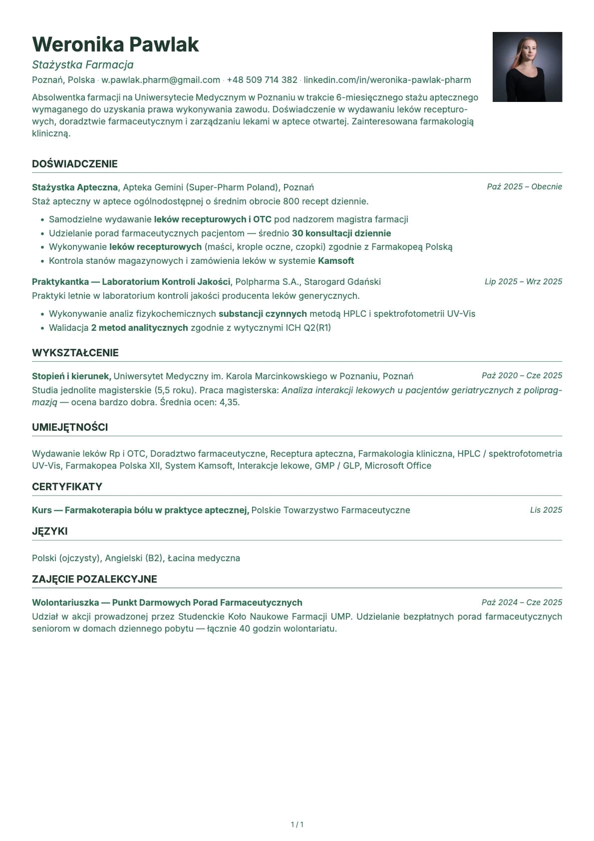 Stazystka Farmacja resume example