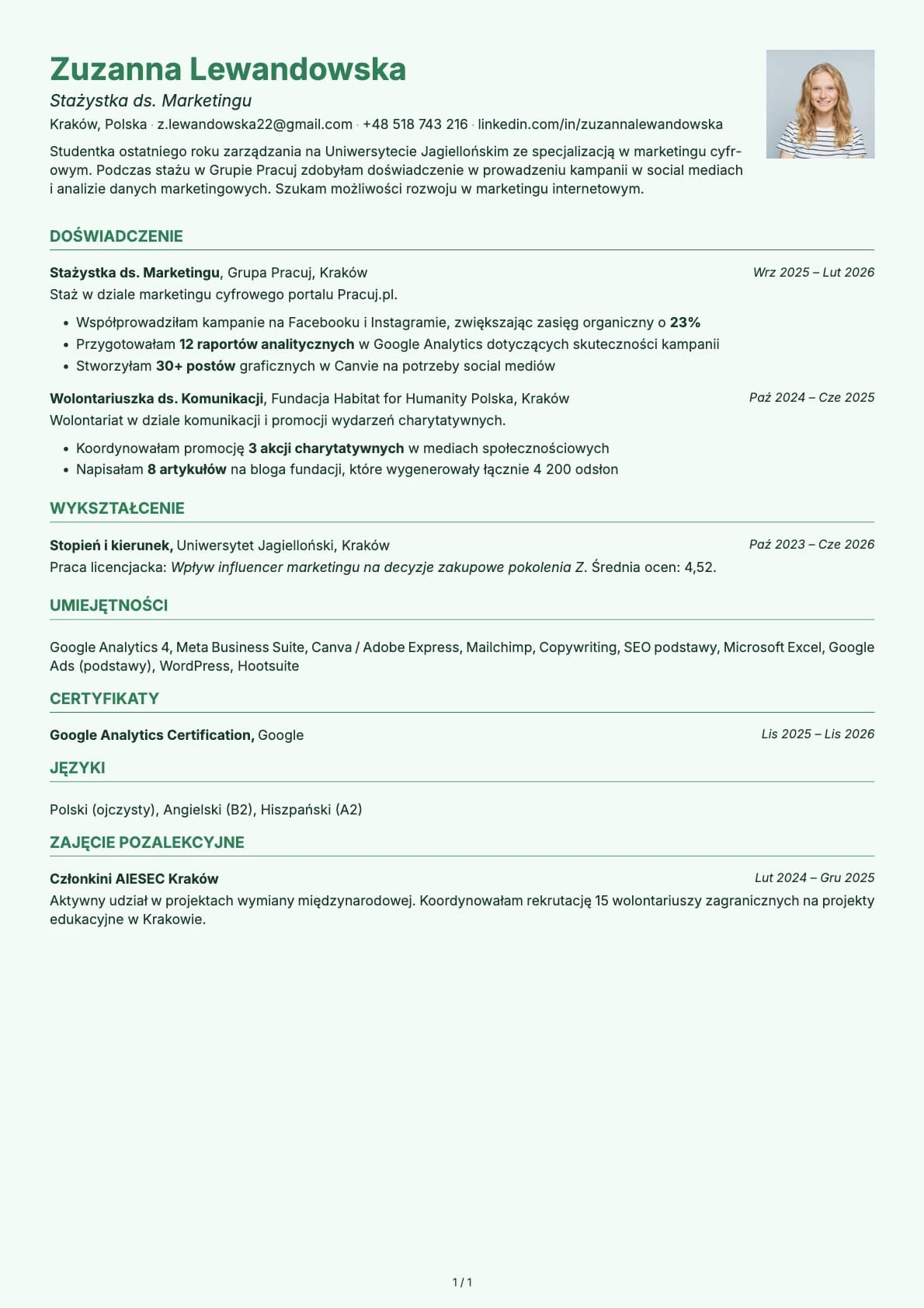 Stazystka Marketing resume example