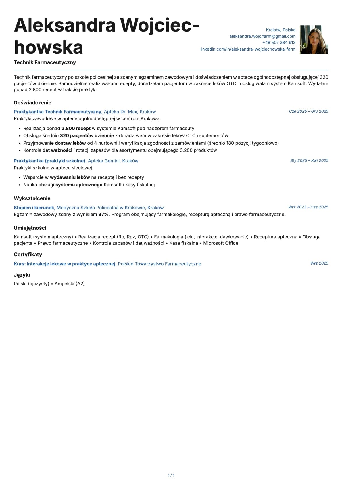 Technik Farmaceutyczny Absolwent resume example