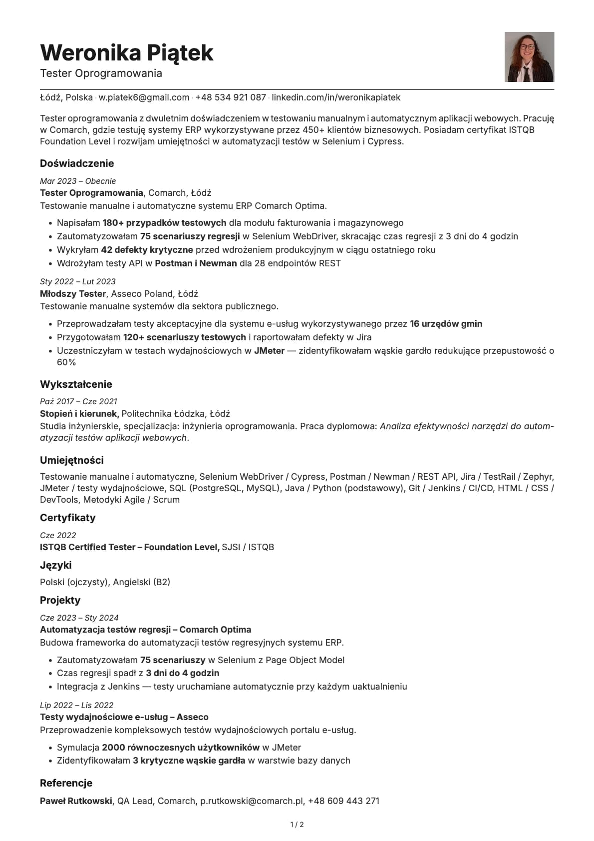 Tester Oprogramowania resume example