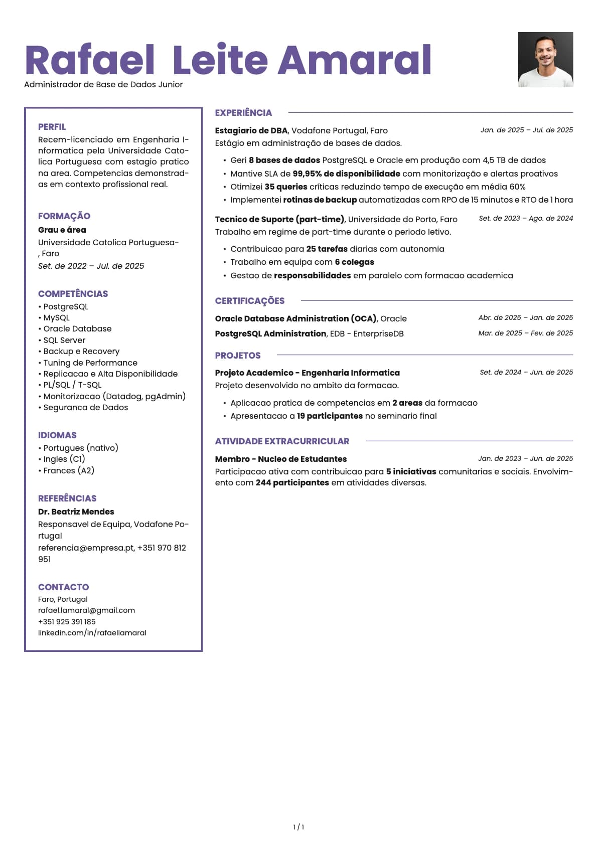 Administrador de Base de Dados Junior resume example