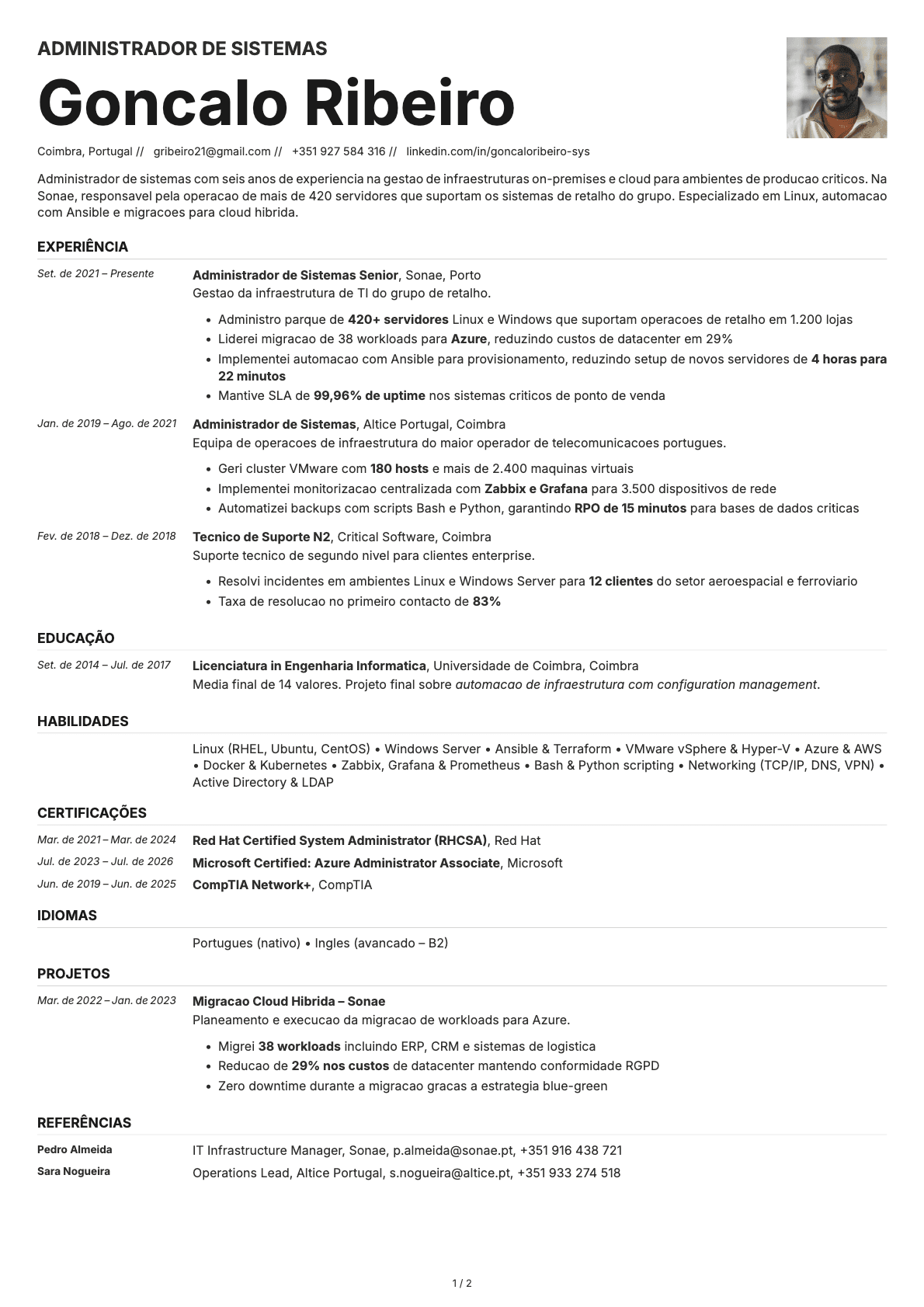 Administrador de Sistemas resume example