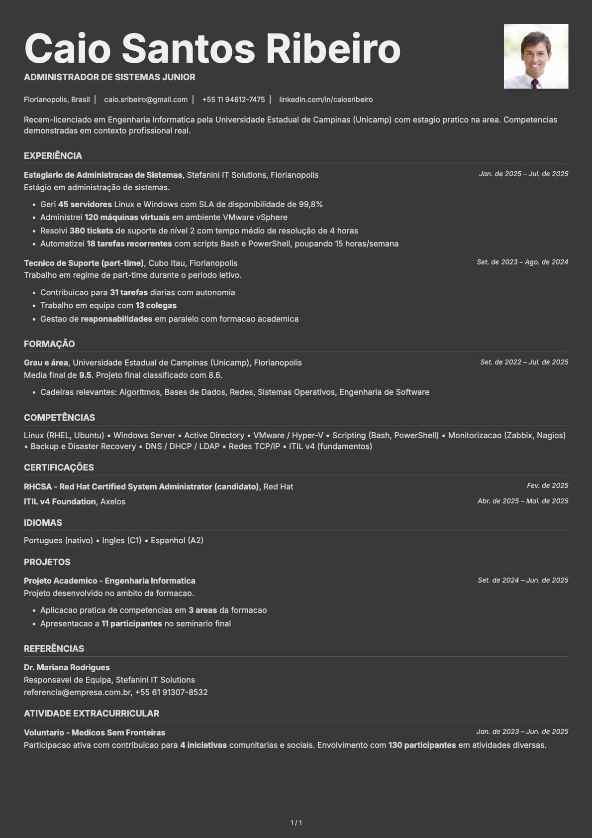 Administrador de Sistemas Junior resume example