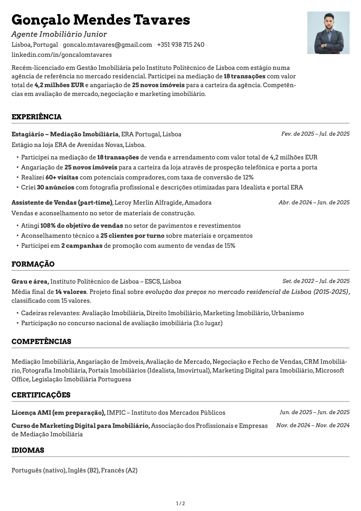 Agente Imobiliario Junior resume example