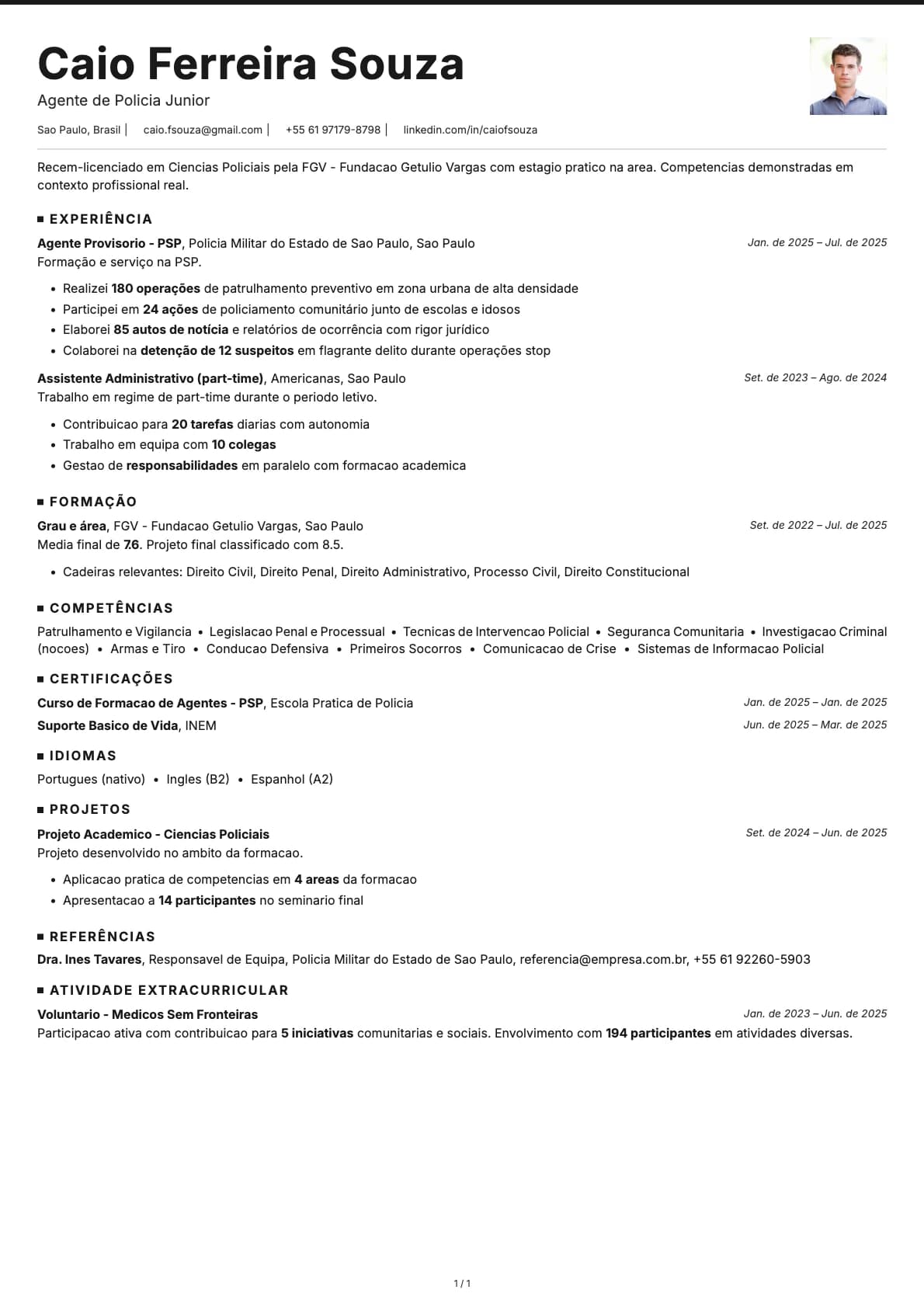 Agente de Policia Junior resume example