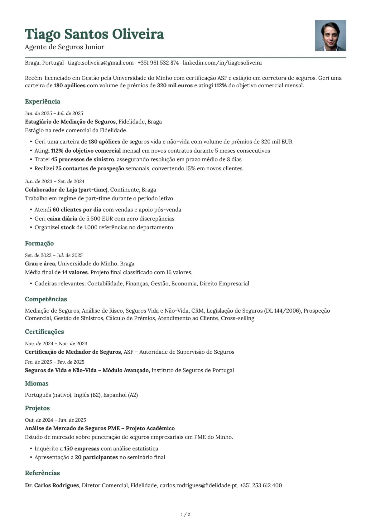 Agente de Seguros Junior resume example