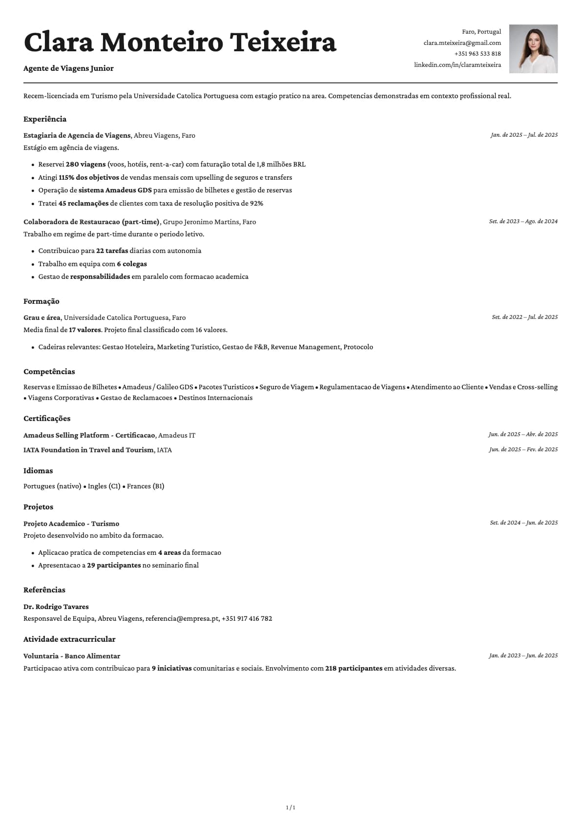 Agente de Viagens Junior resume example