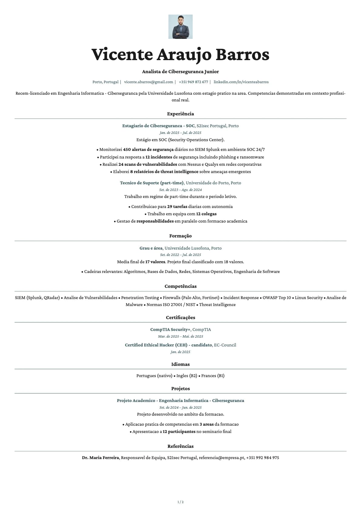 Analista de Ciberseguranca Junior resume example