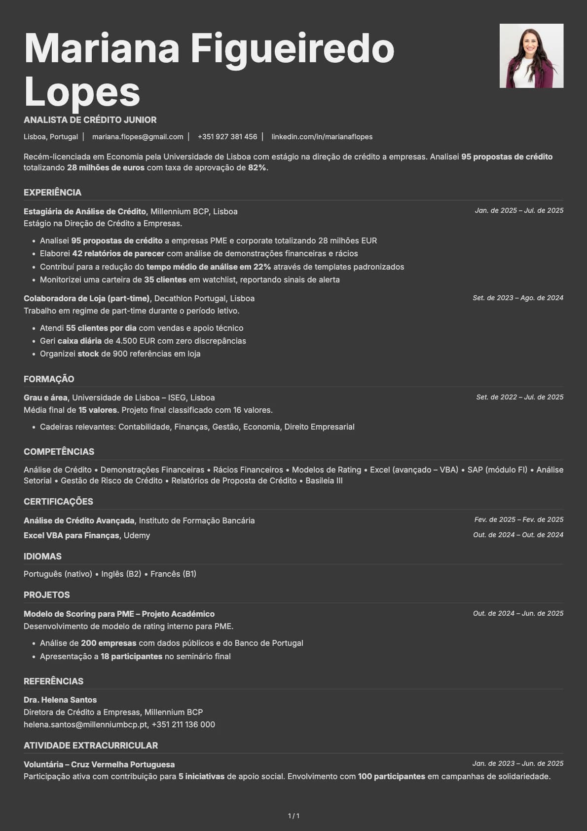 Analista de Credito Junior resume example