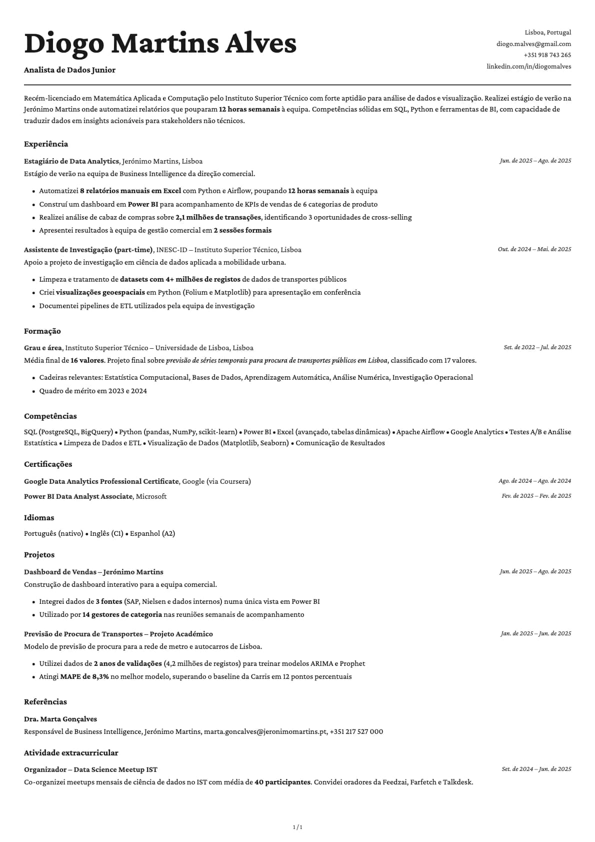 Analista de Dados Junior resume example