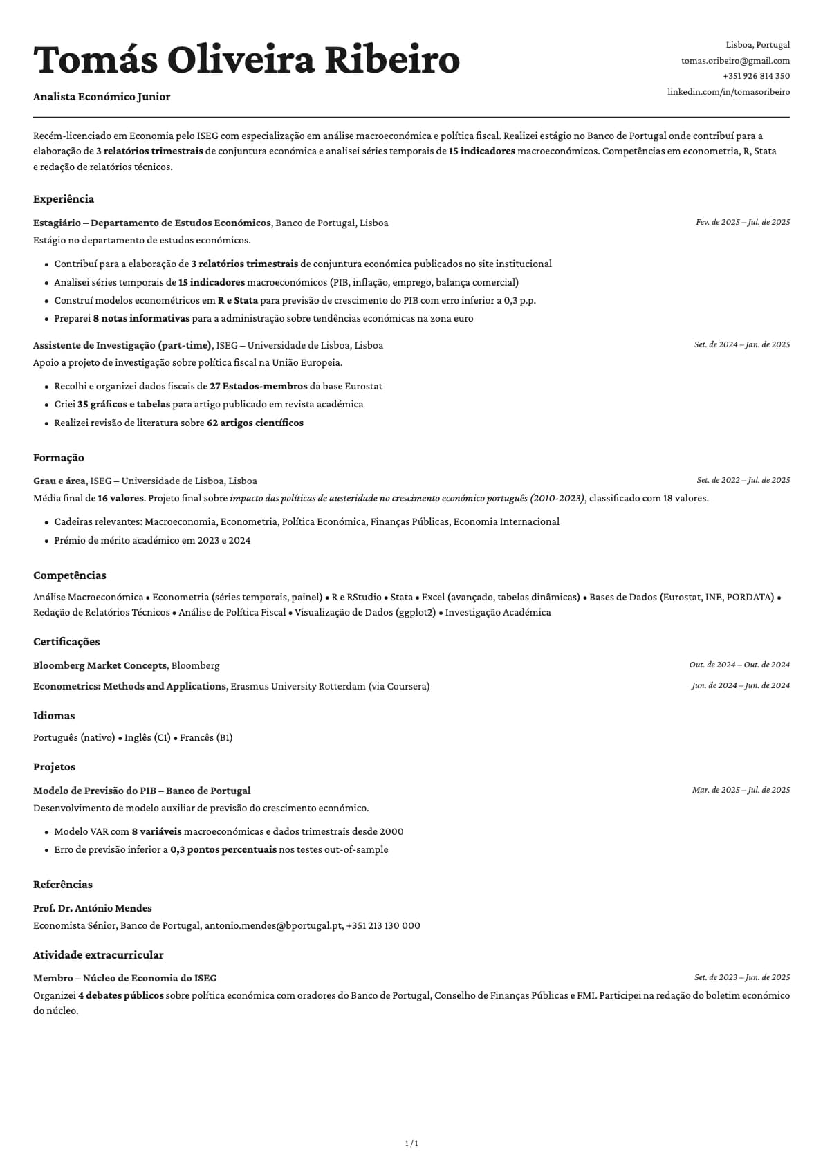 Analista Economico Junior resume example