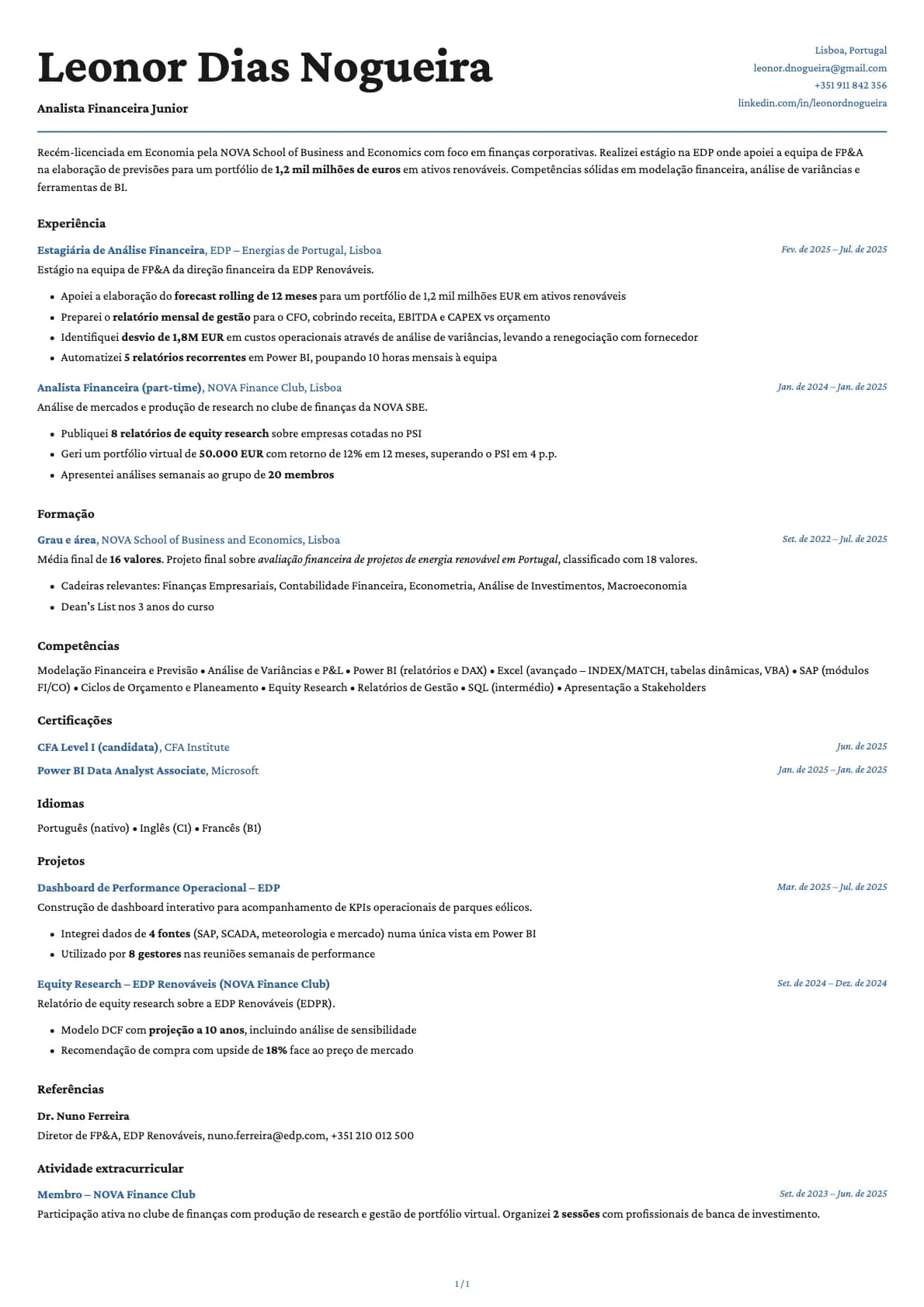 Analista Financeiro Junior resume example