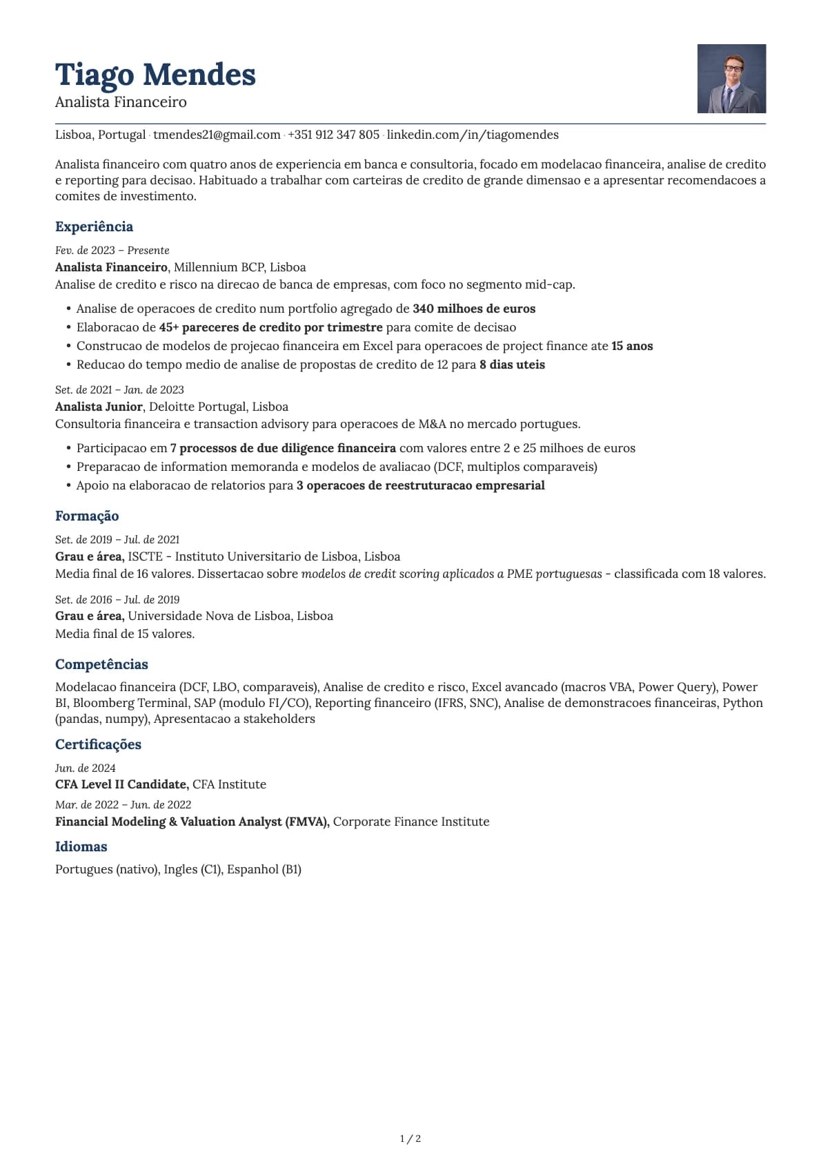 Analista Financeiro resume example