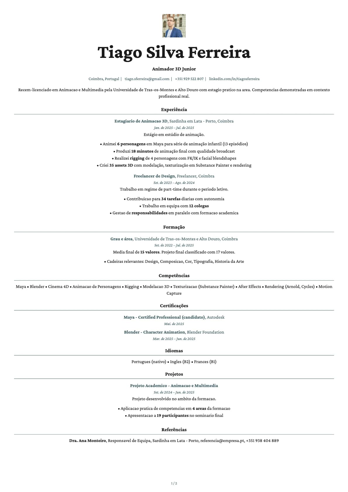 Animador 3D Junior resume example