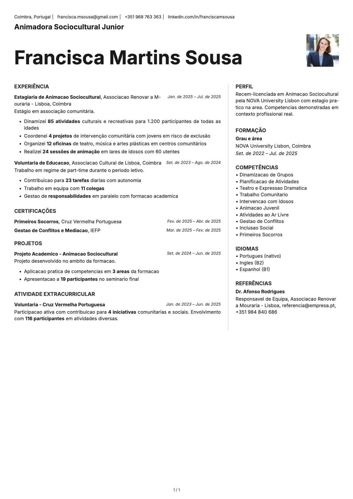 Animadora Sociocultural Junior resume example