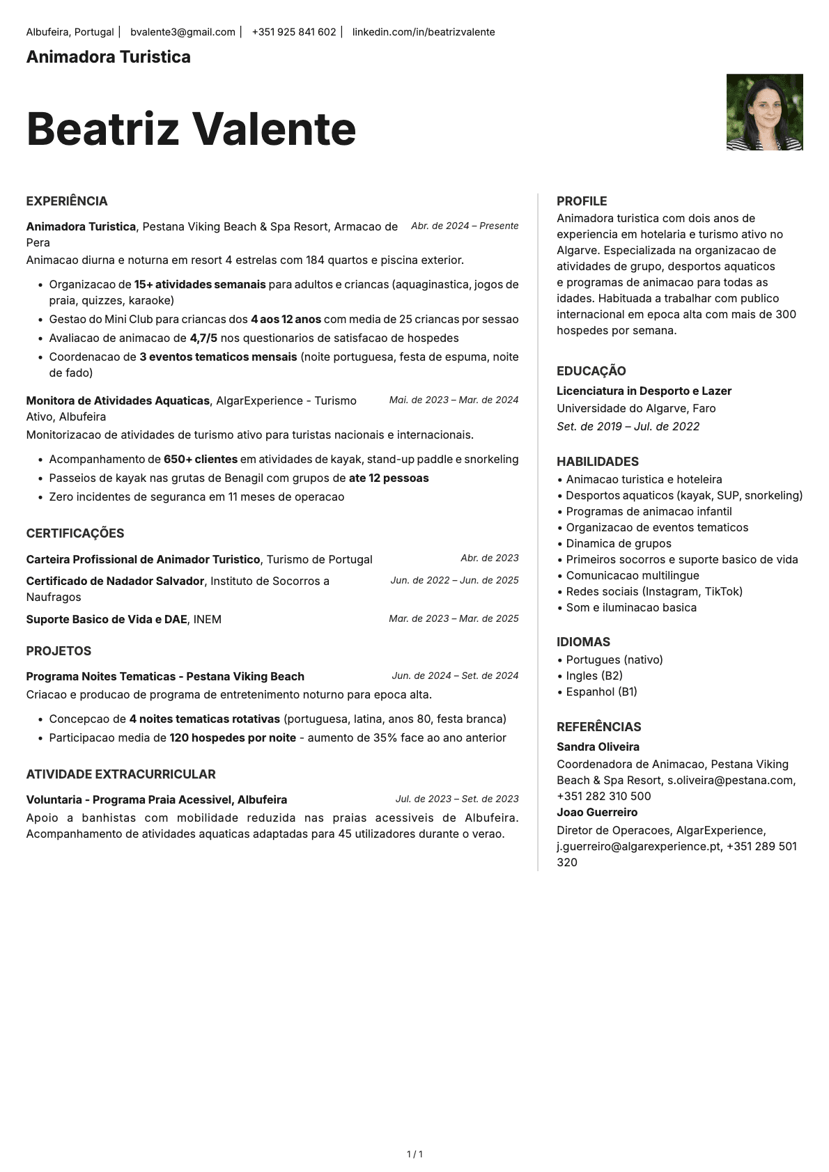 Animador Turistico resume example