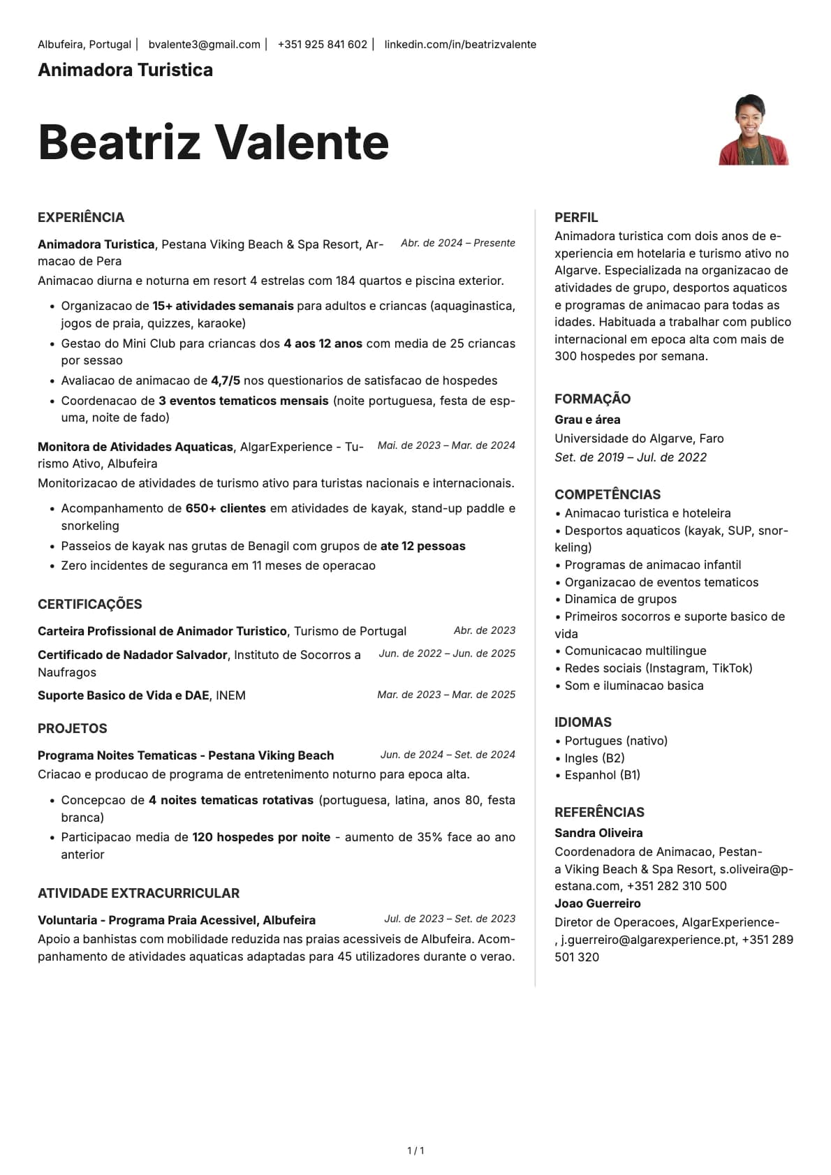 Animador Turistico resume example