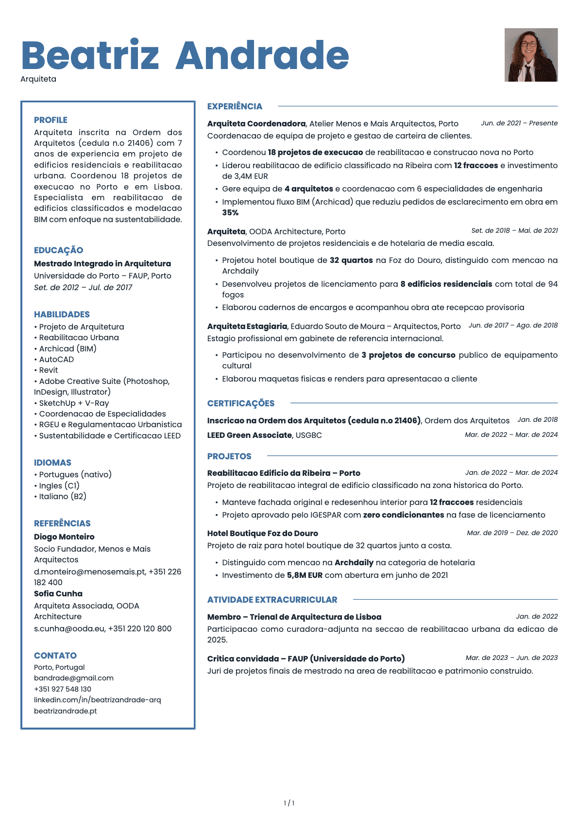 Arquiteto resume example