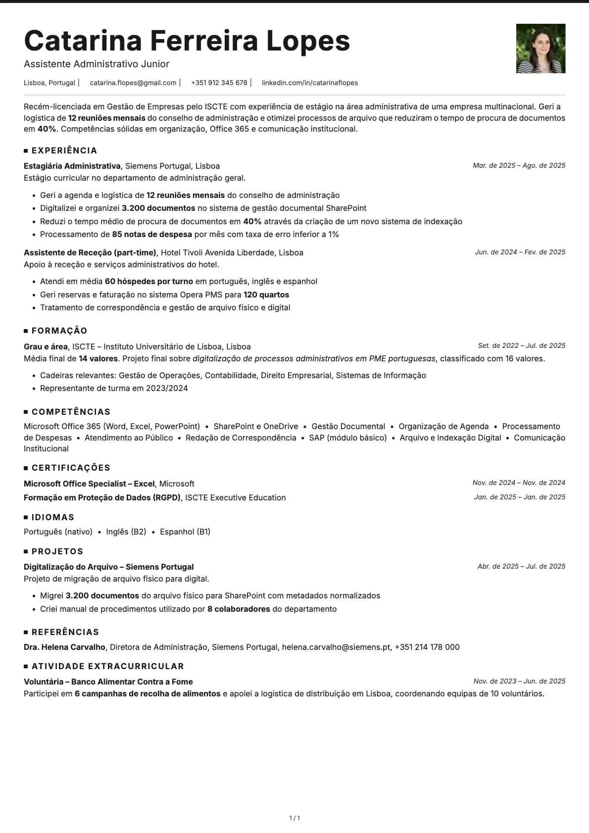 Assistente Administrativo Junior resume example