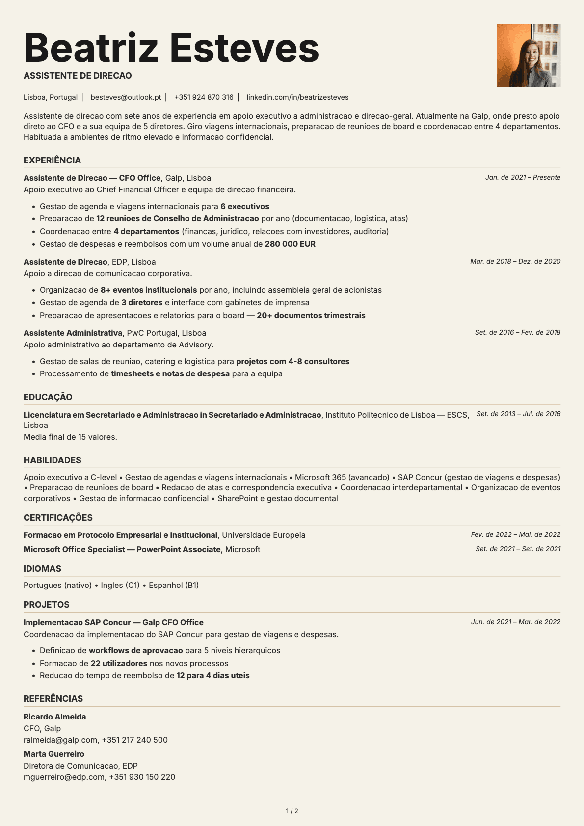 Assistente de Direcao resume example