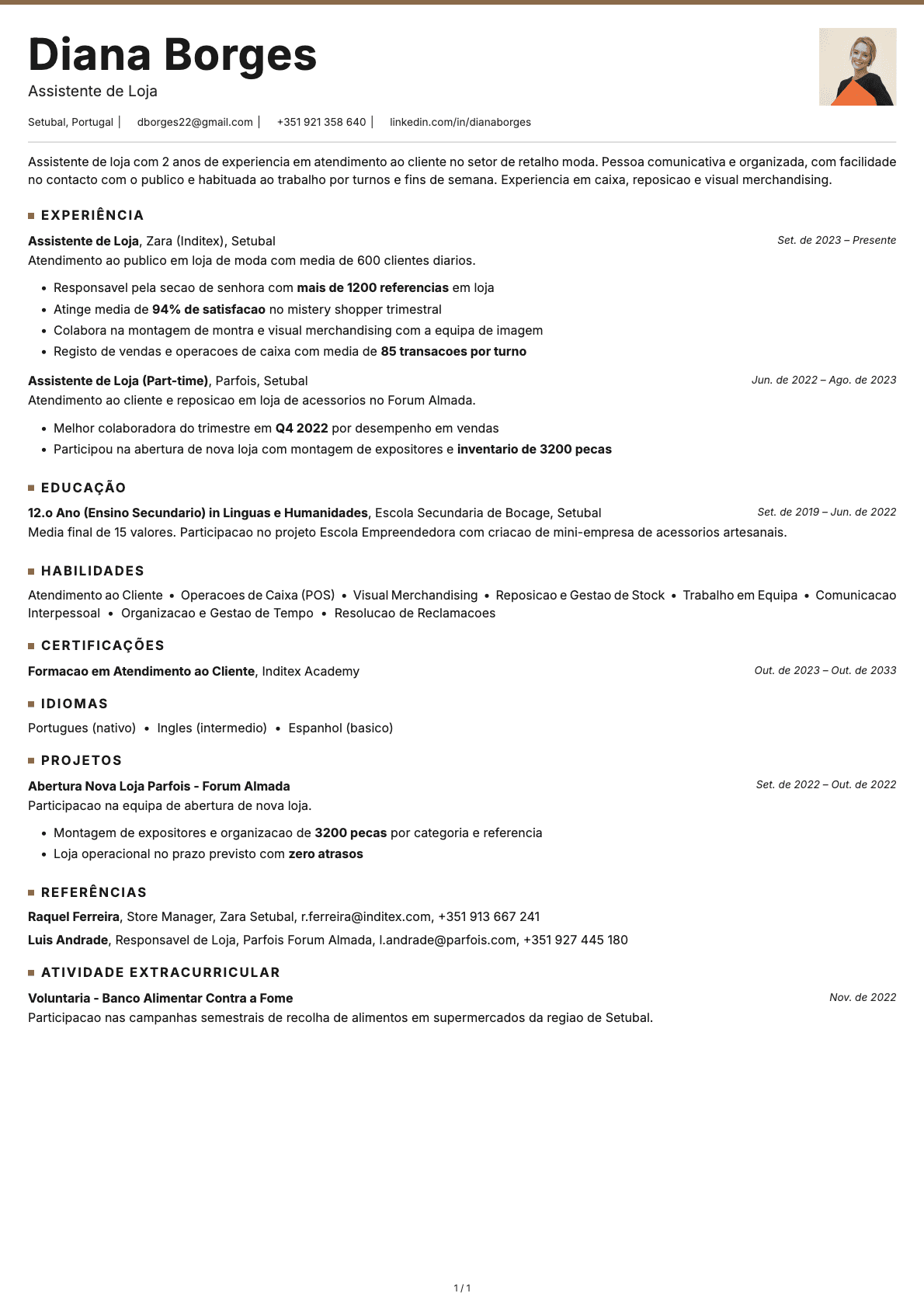 Assistente de Loja resume example