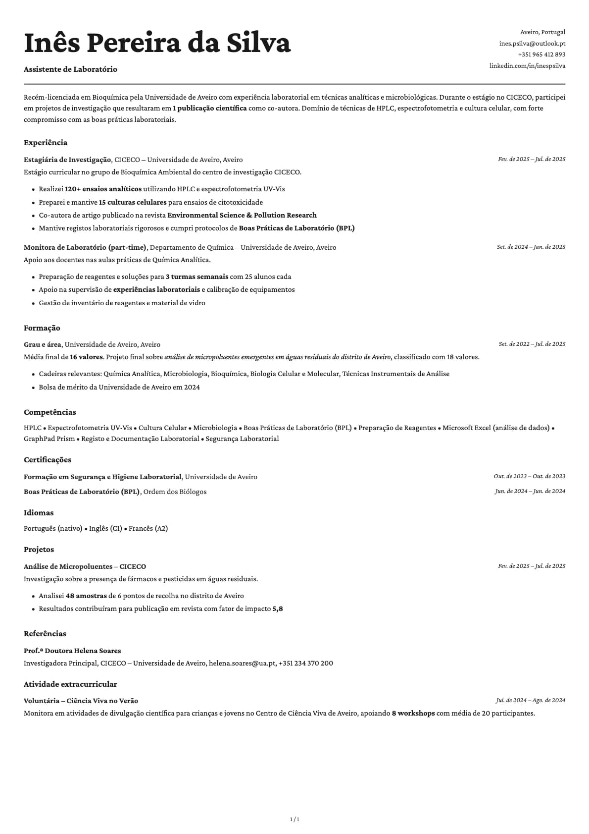 Assistente de Laboratorio resume example