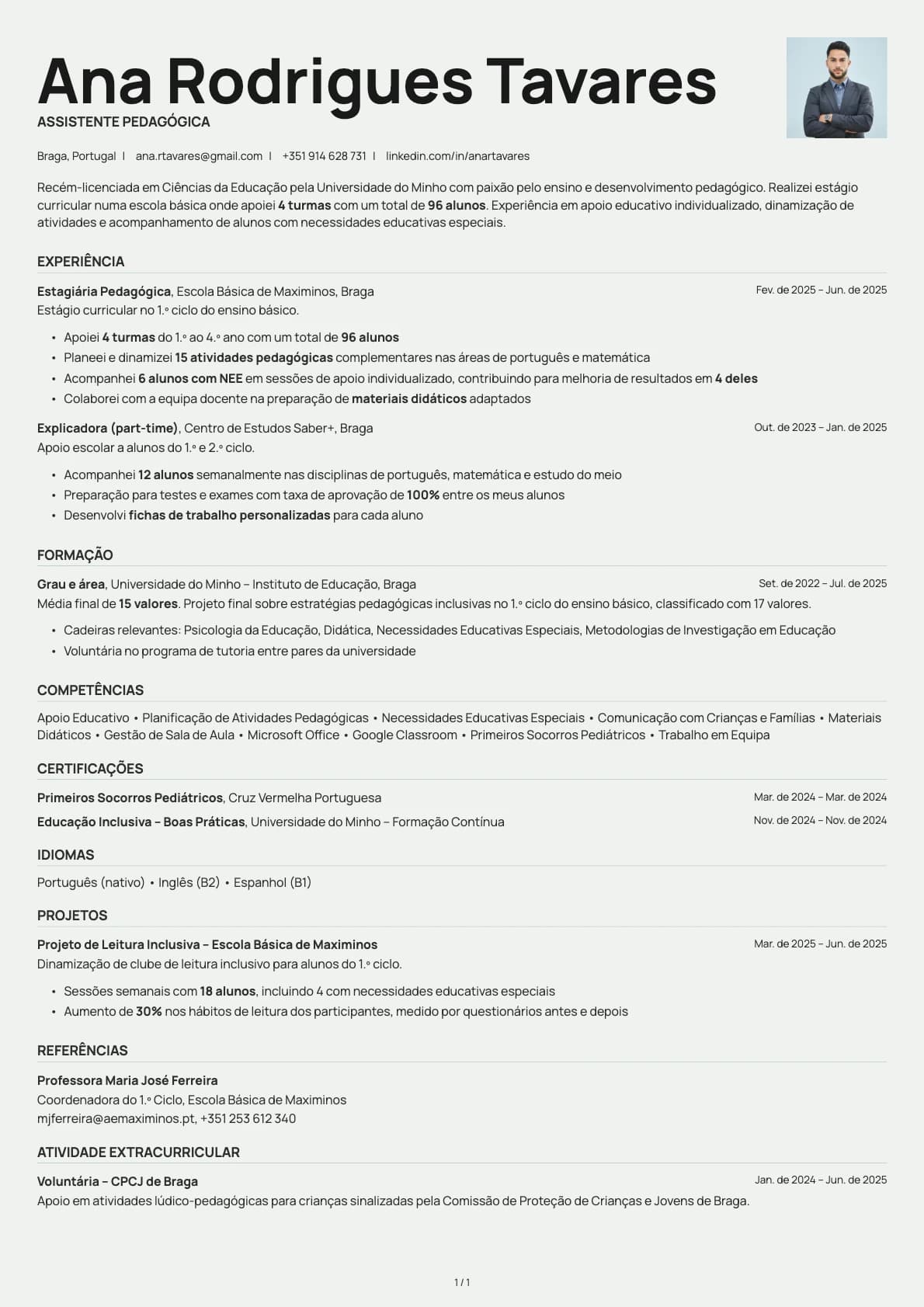 Assistente Pedagogico resume example