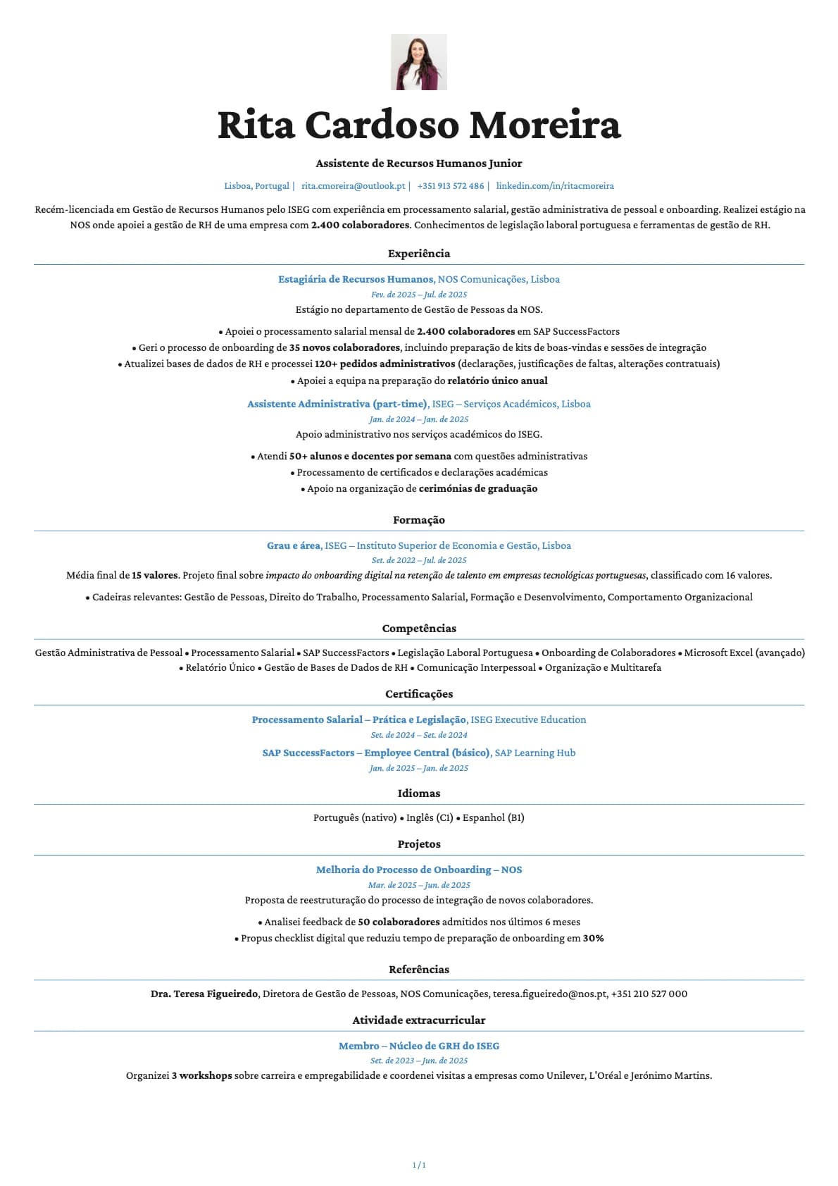Assistente de Recursos Humanos Junior resume example